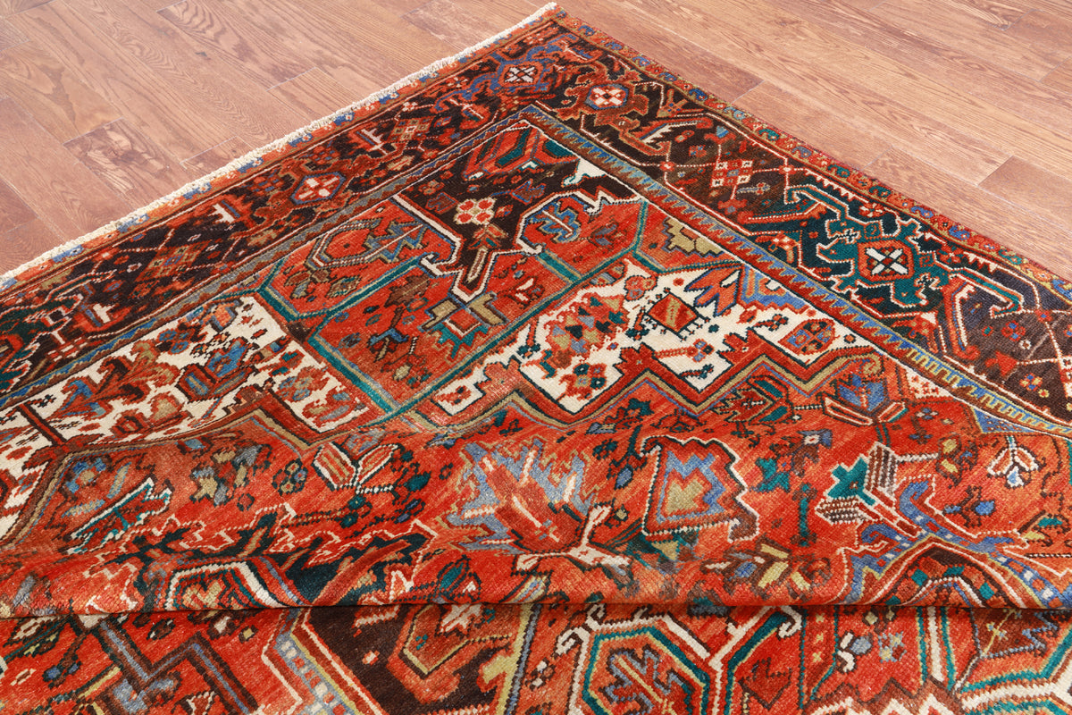 Orange Vintage Persian Heriz Serapi Handmade Wool Rug - 9' 6" X 12' 1"