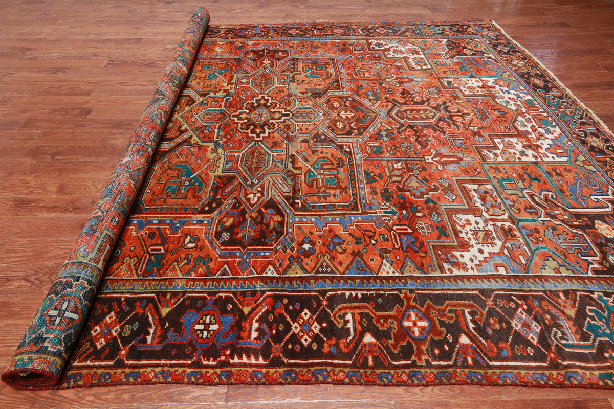 Orange Vintage Persian Heriz Serapi Handmade Wool Rug - 9' 6" X 12' 1"