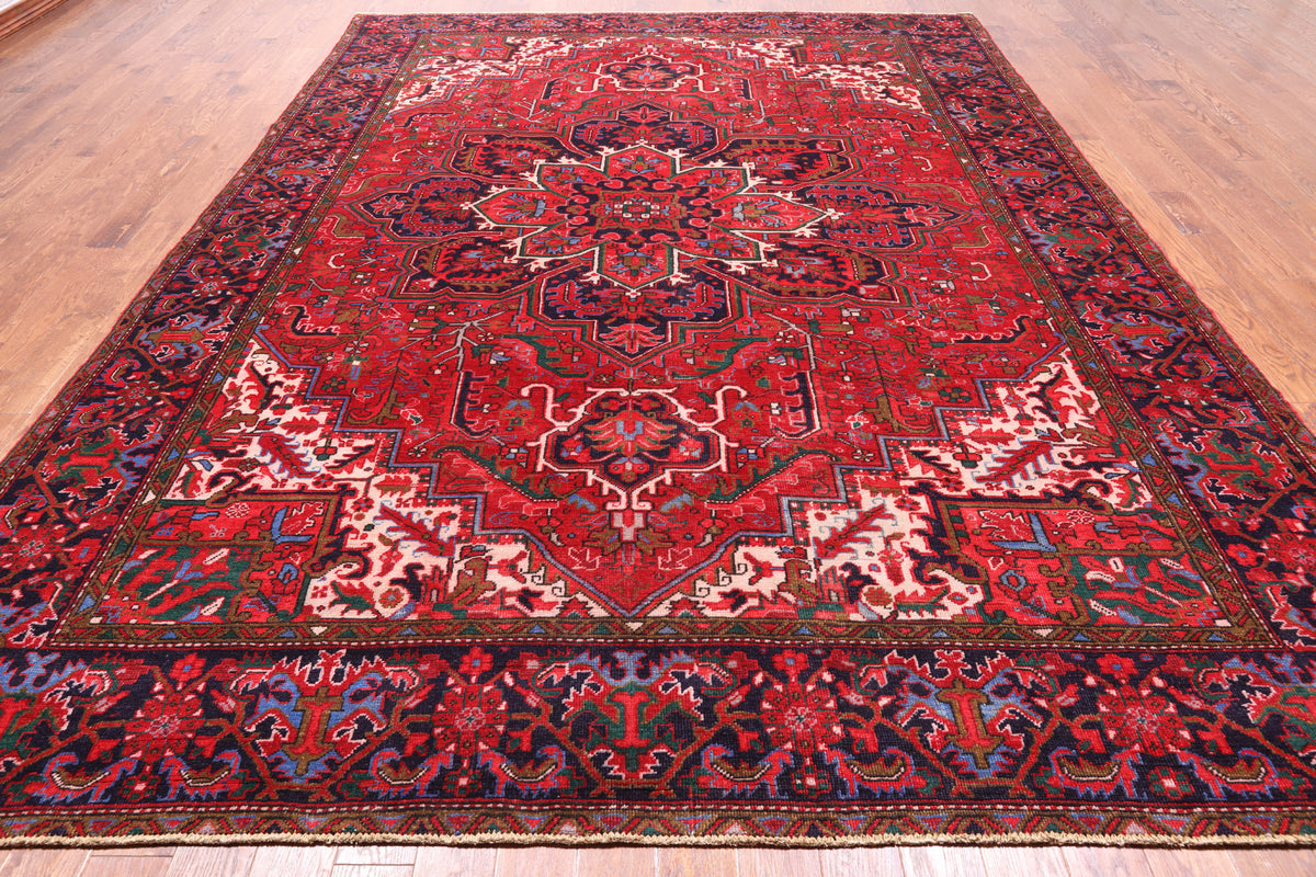 Red Vintage Persian Heriz Serapi Hand Knotted Wool Rug - 9' 11" X 12' 10"