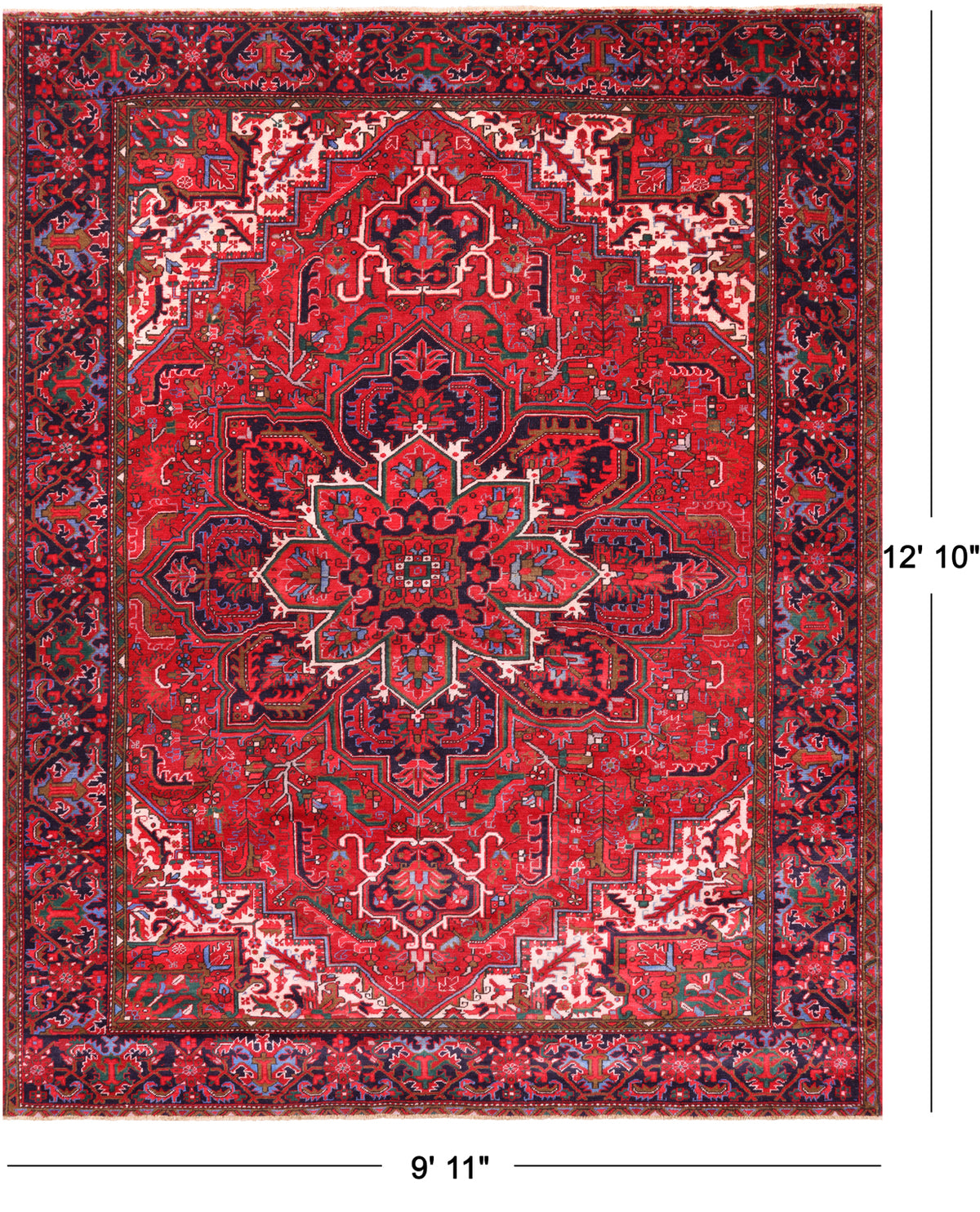 Red Vintage Persian Heriz Serapi Hand Knotted Wool Rug - 9' 11" X 12' 10"