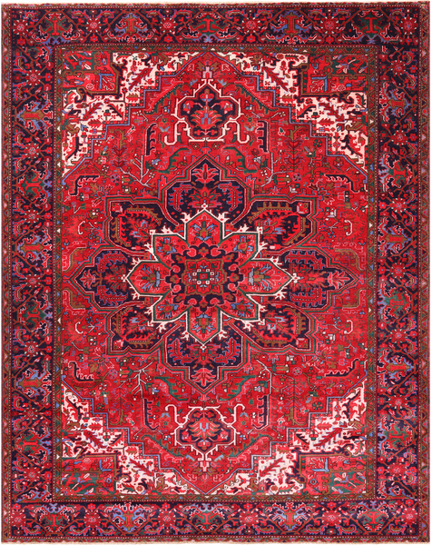 Red Vintage Persian Heriz Serapi Hand Knotted Wool Rug - 9' 11" X 12' 10"