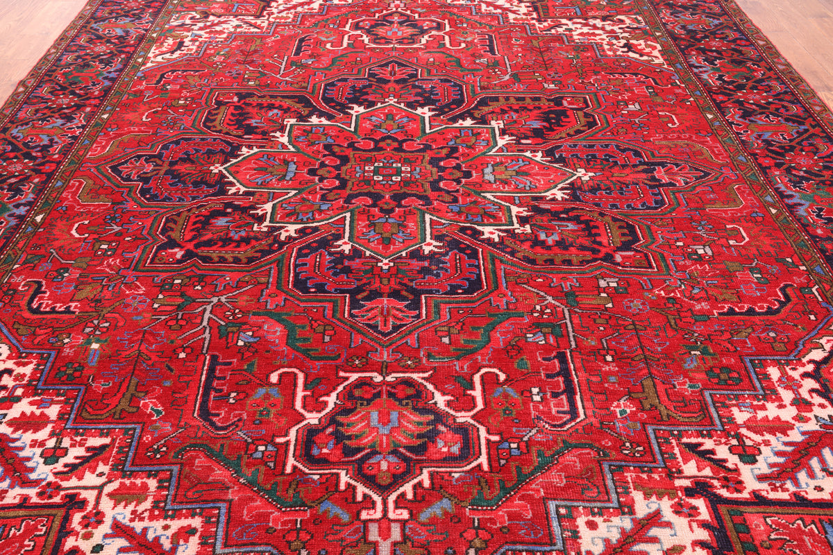 Red Vintage Persian Heriz Serapi Hand Knotted Wool Rug - 9' 11" X 12' 10"