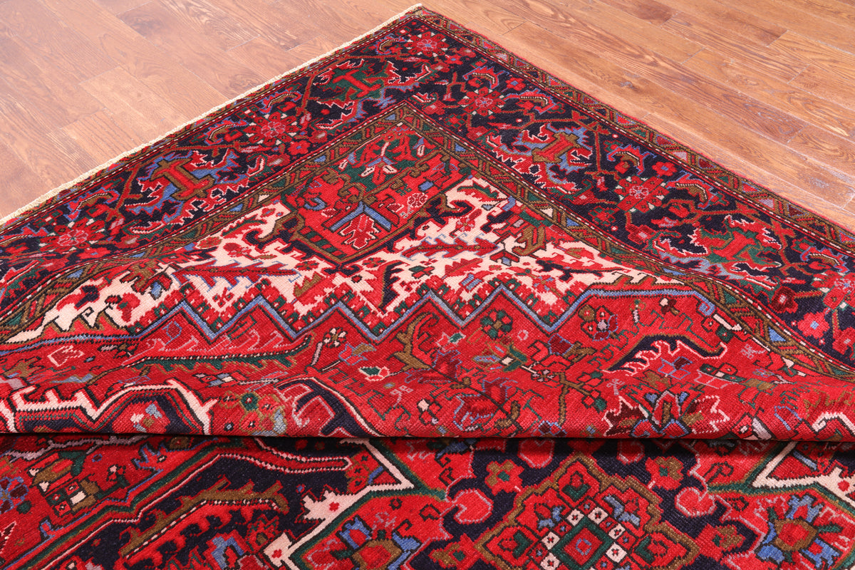 Red Vintage Persian Heriz Serapi Hand Knotted Wool Rug - 9' 11" X 12' 10"