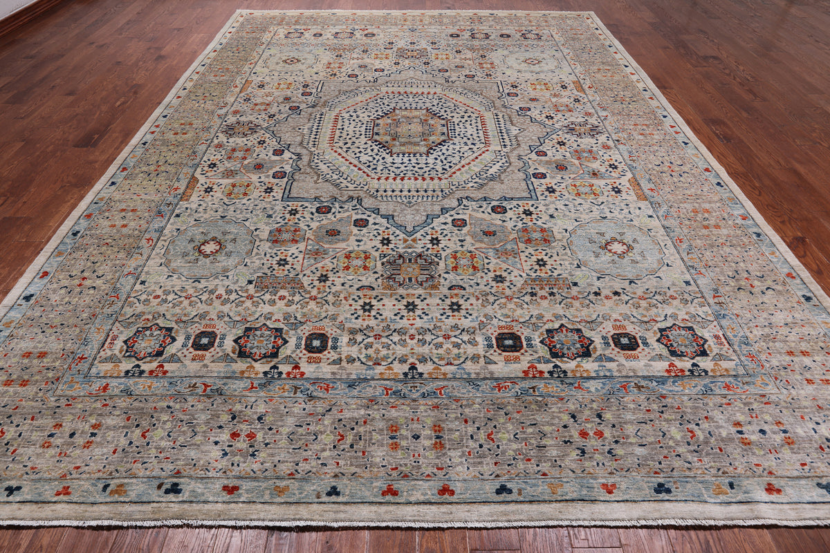 Grey Geometric Persian Mamluk Hand-Knotted Wool Rug - 9' 11" X 13' 9"