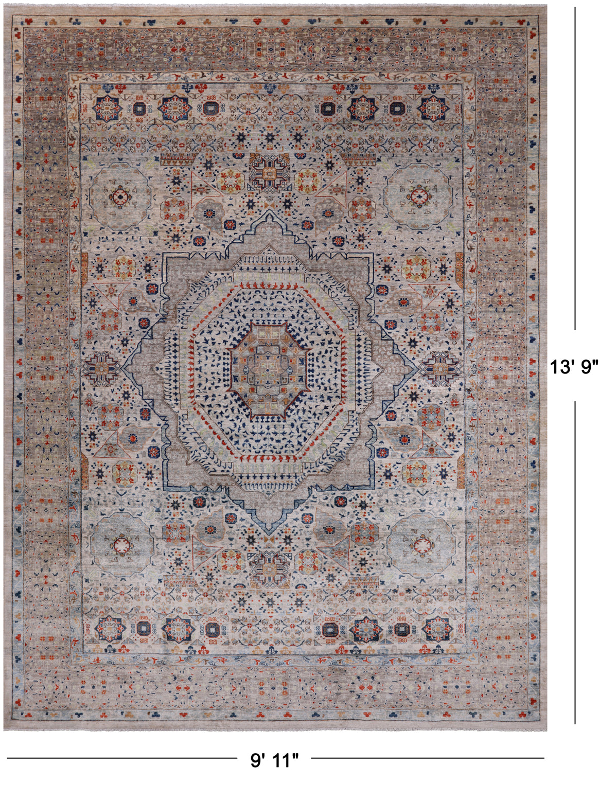 Grey Geometric Persian Mamluk Hand-Knotted Wool Rug - 9' 11" X 13' 9"