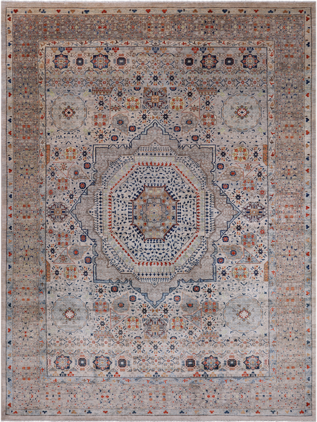 Grey Geometric Persian Mamluk Hand-Knotted Wool Rug - 9' 11" X 13' 9"