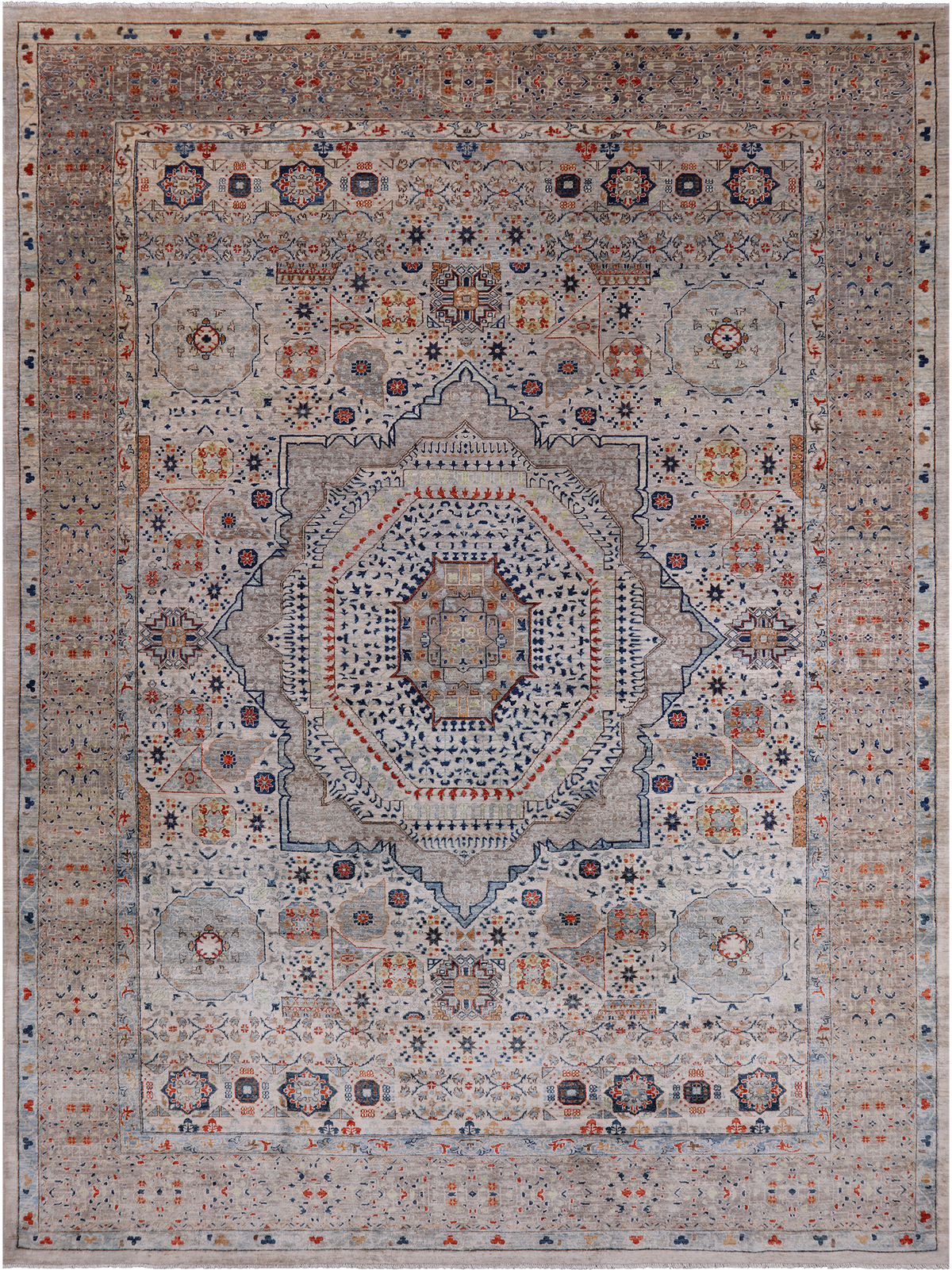 Grey Geometric Persian Mamluk Hand-Knotted Wool Rug - 9' 11" X 13' 9"