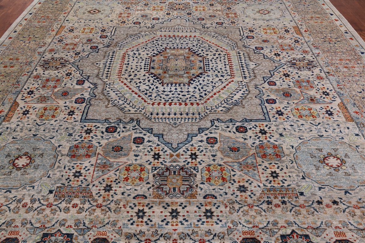 Grey Geometric Persian Mamluk Hand-Knotted Wool Rug - 9' 11" X 13' 9"