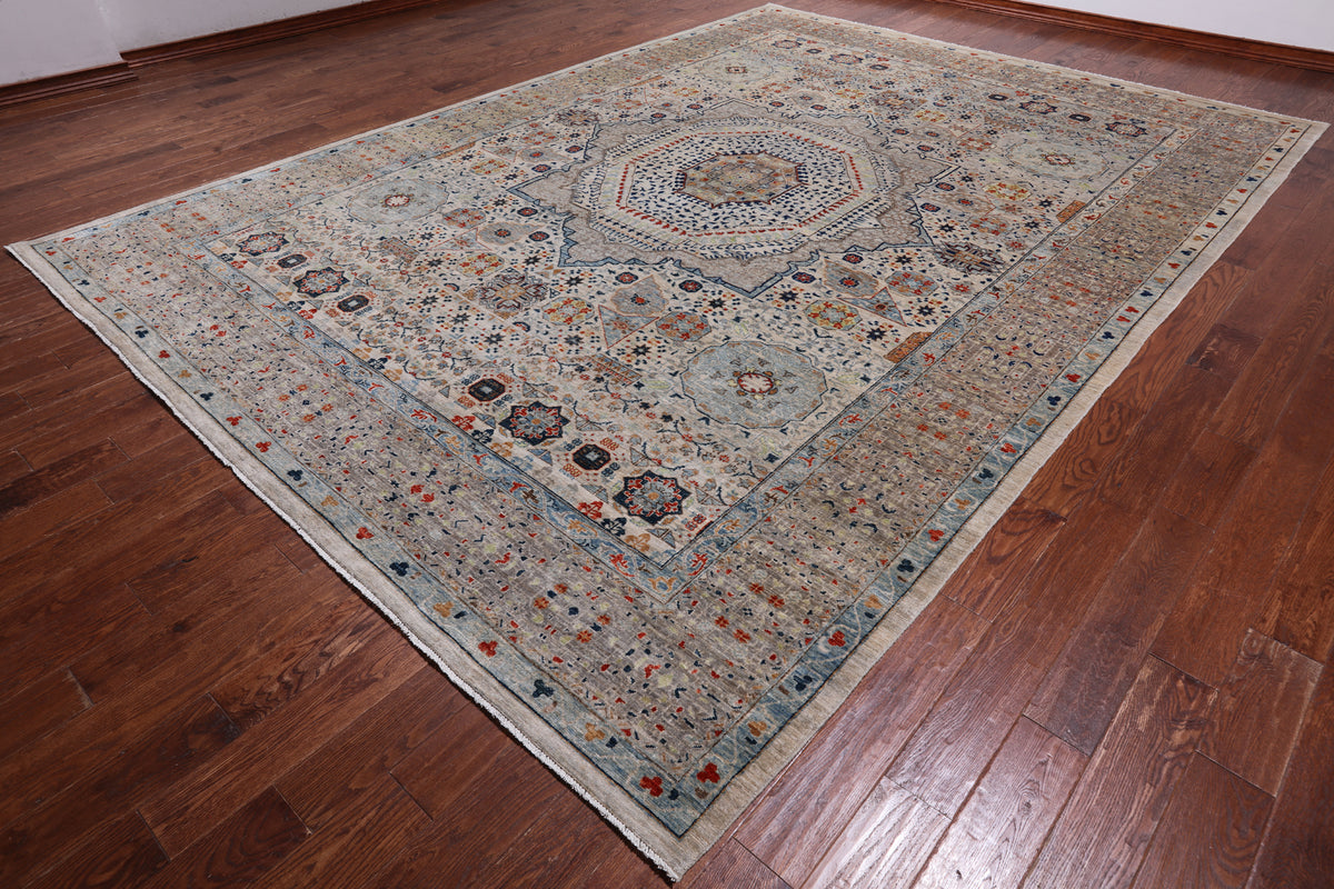 Grey Geometric Persian Mamluk Hand-Knotted Wool Rug - 9' 11" X 13' 9"