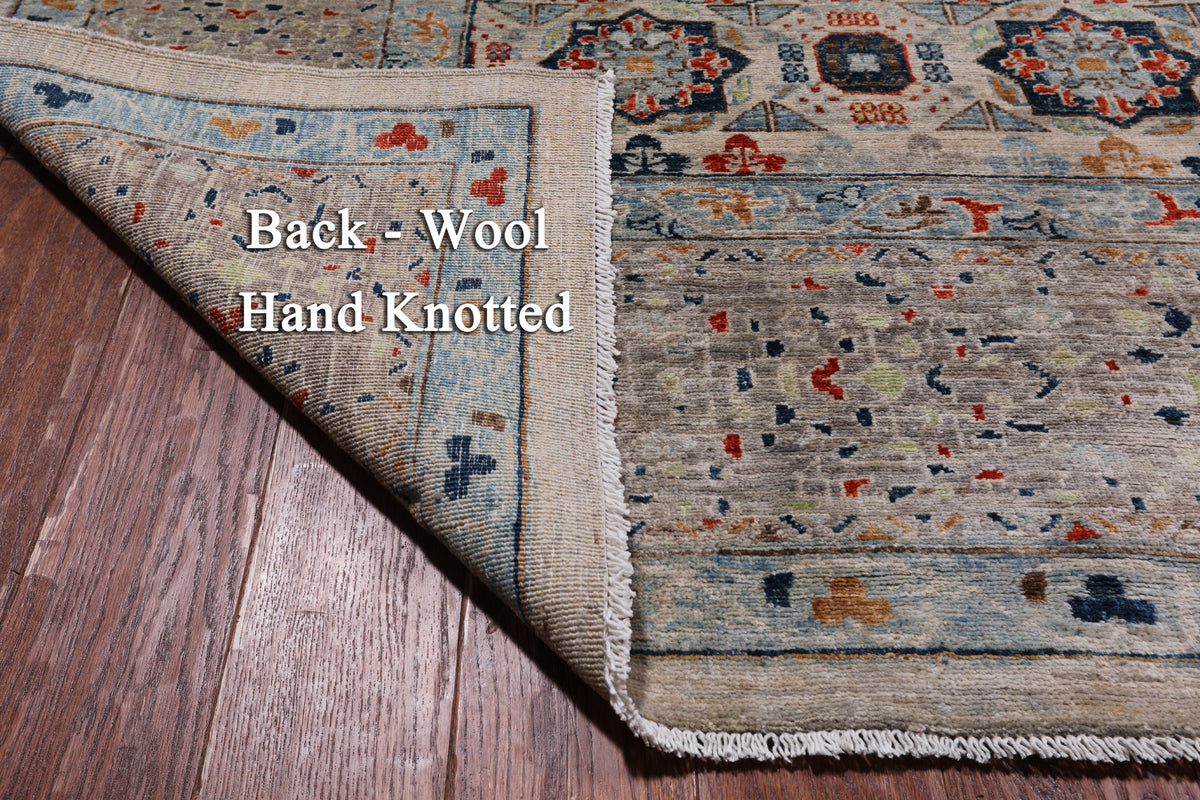 Grey Geometric Persian Mamluk Hand-Knotted Wool Rug - 9' 11" X 13' 9"