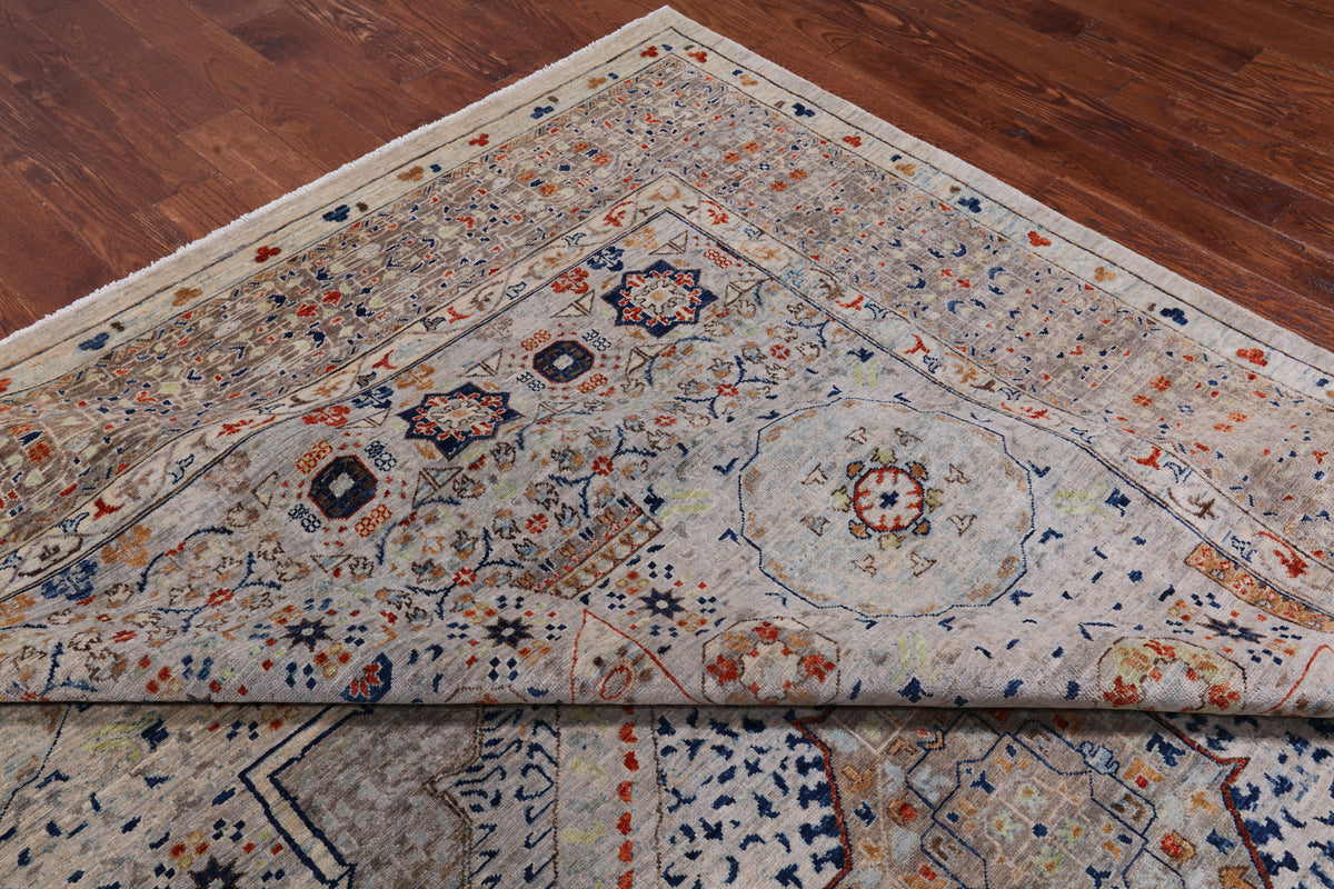 Grey Geometric Persian Mamluk Hand-Knotted Wool Rug - 9' 11" X 13' 9"
