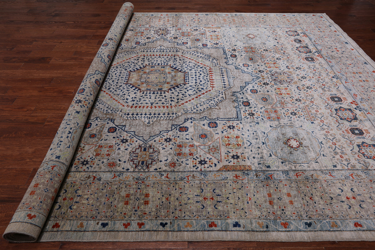 Grey Geometric Persian Mamluk Hand-Knotted Wool Rug - 9' 11" X 13' 9"