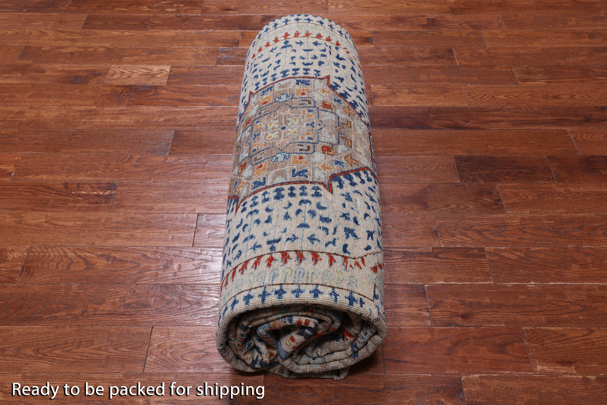 Grey Geometric Persian Mamluk Hand-Knotted Wool Rug - 9' 11" X 13' 9"