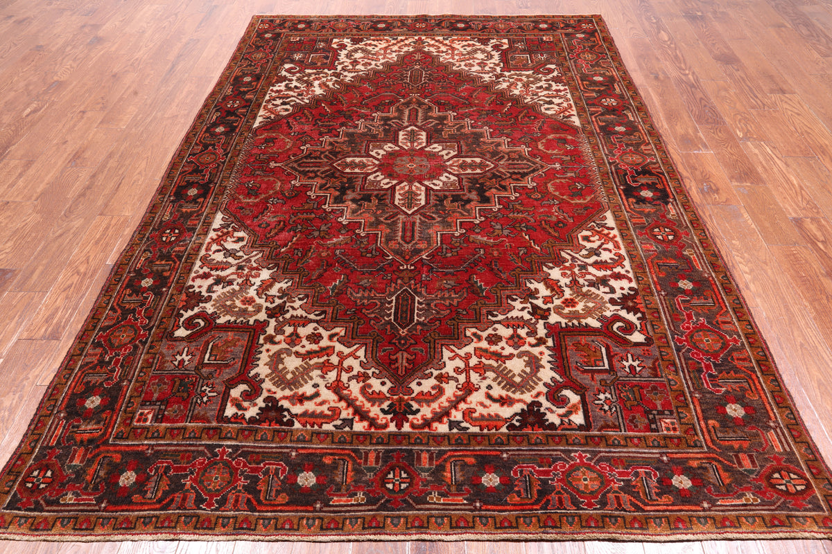 Rust Vintage Persian Heriz Serapi Hand-Knotted Wool Rug - 6' 5" X 9' 2"