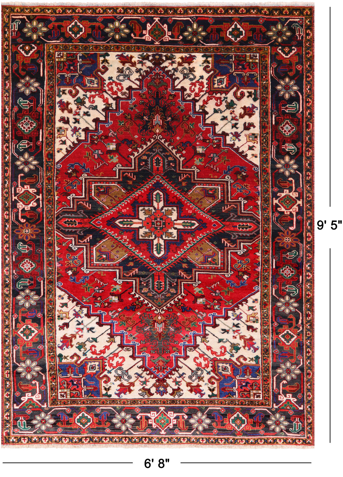 Red Vintage Persian Heriz Serapi Hand Knotted Wool Rug - 6' 8" X 9' 5"