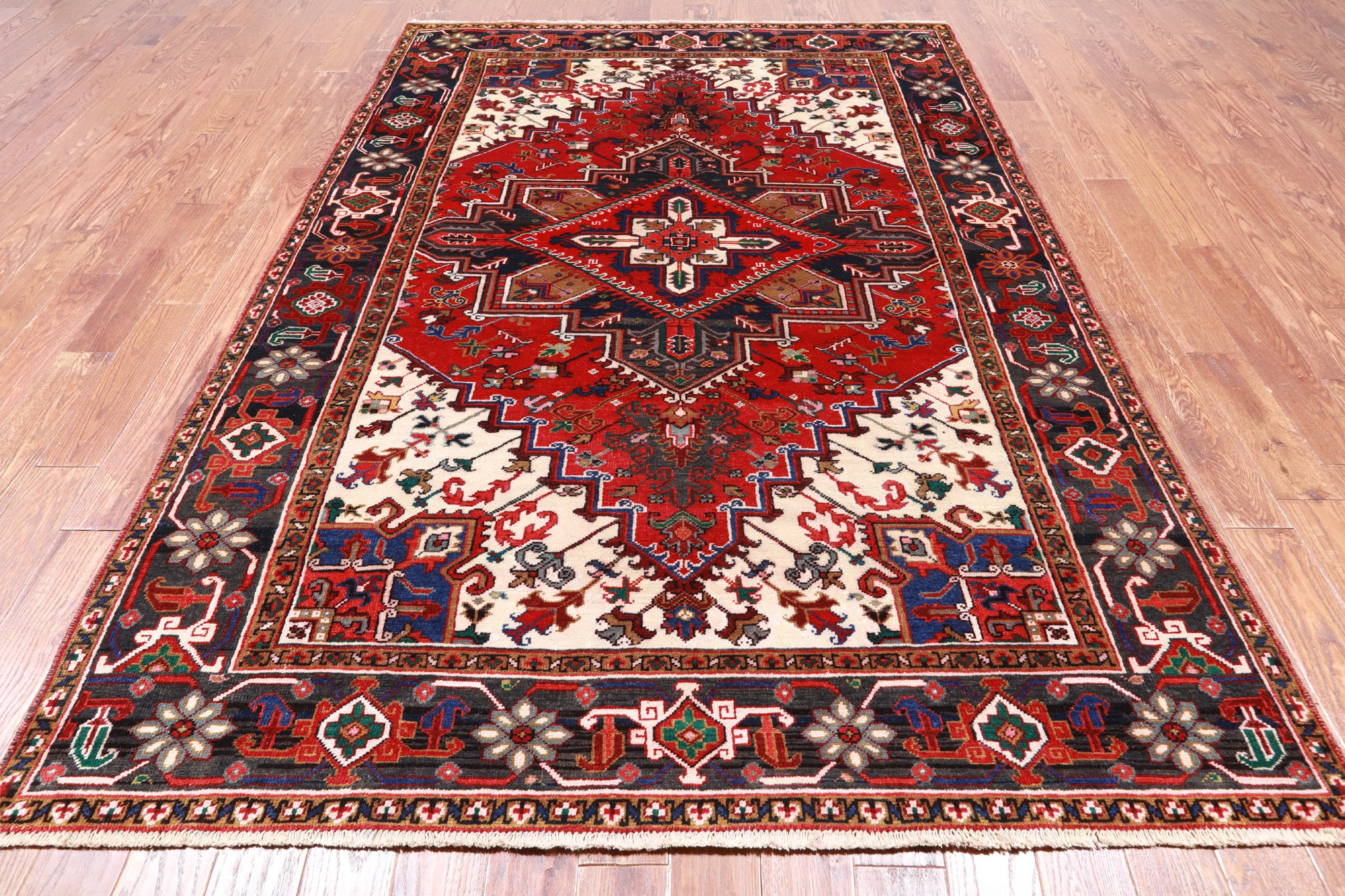 Red Vintage Persian Heriz Serapi Hand Knotted Wool Rug - 6' 8" X 9' 5"