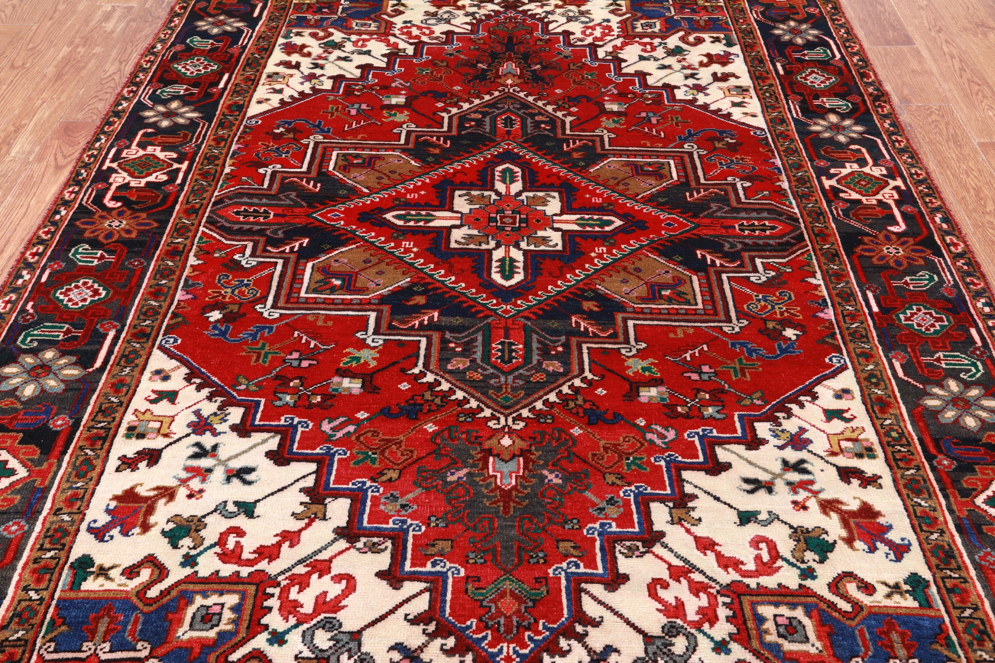 Red Vintage Persian Heriz Serapi Hand Knotted Wool Rug - 6' 8" X 9' 5"