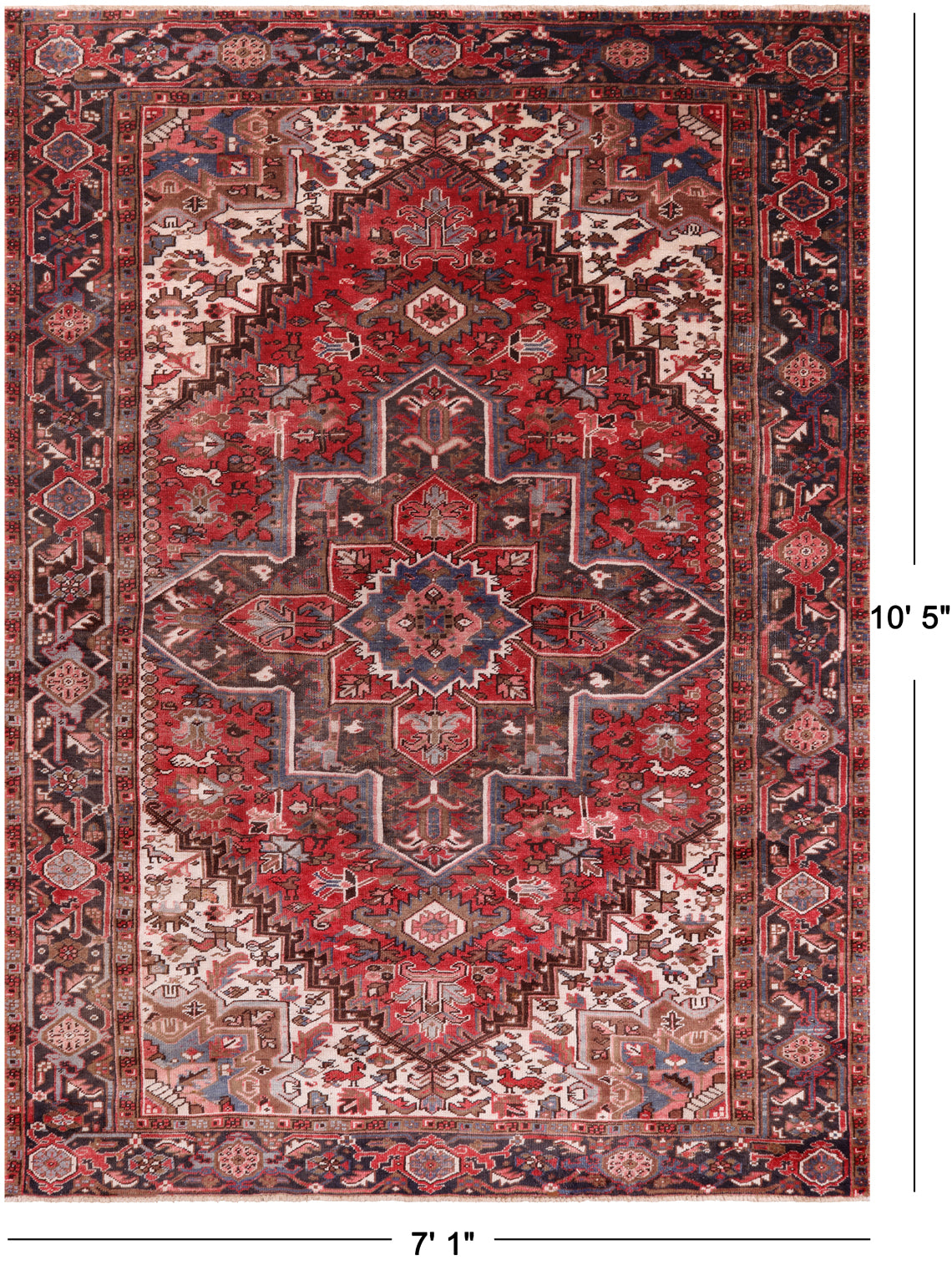 Red Vintage Persian Heriz Serapi Handmade Wool Rug - 7' 1" X 10' 5"