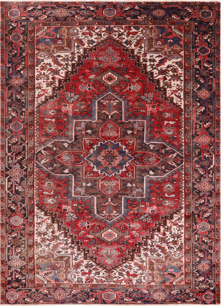 Red Vintage Persian Heriz Serapi Handmade Wool Rug - 7' 1" X 10' 5"