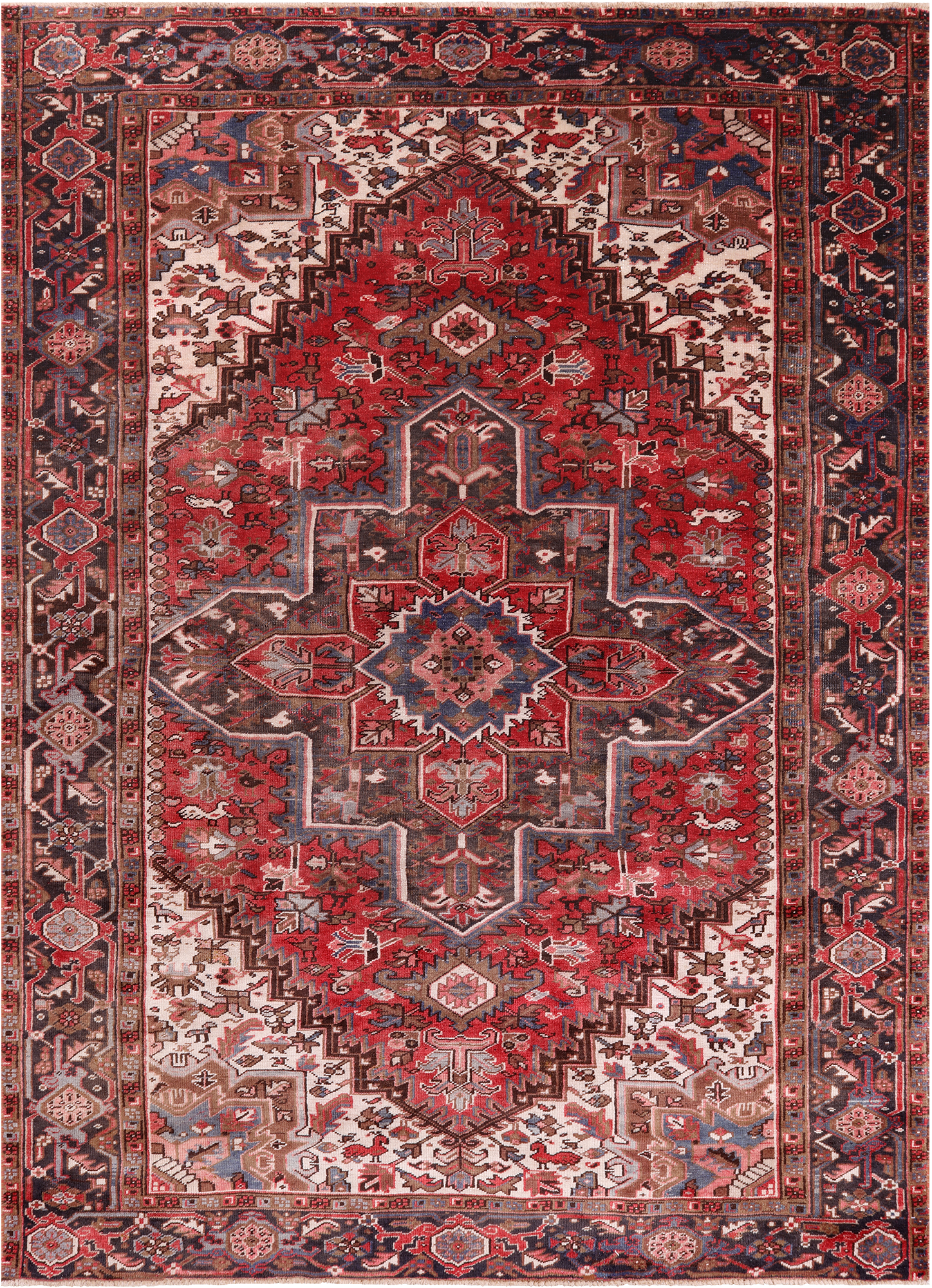 Red Vintage Persian Heriz Serapi Handmade Wool Rug - 7' 1" X 10' 5"