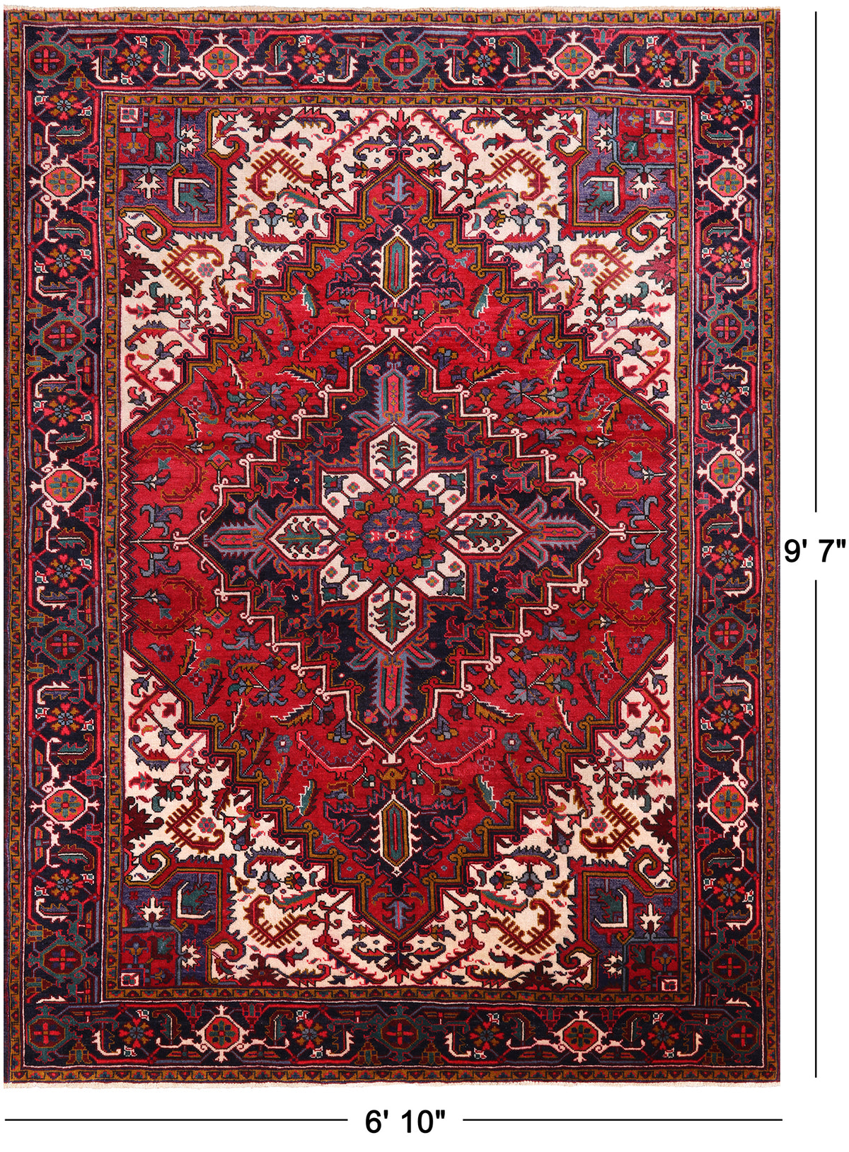 Red Vintage Persian Heriz Serapi Hand-Knotted Wool Rug - 6' 10" X 9' 7"
