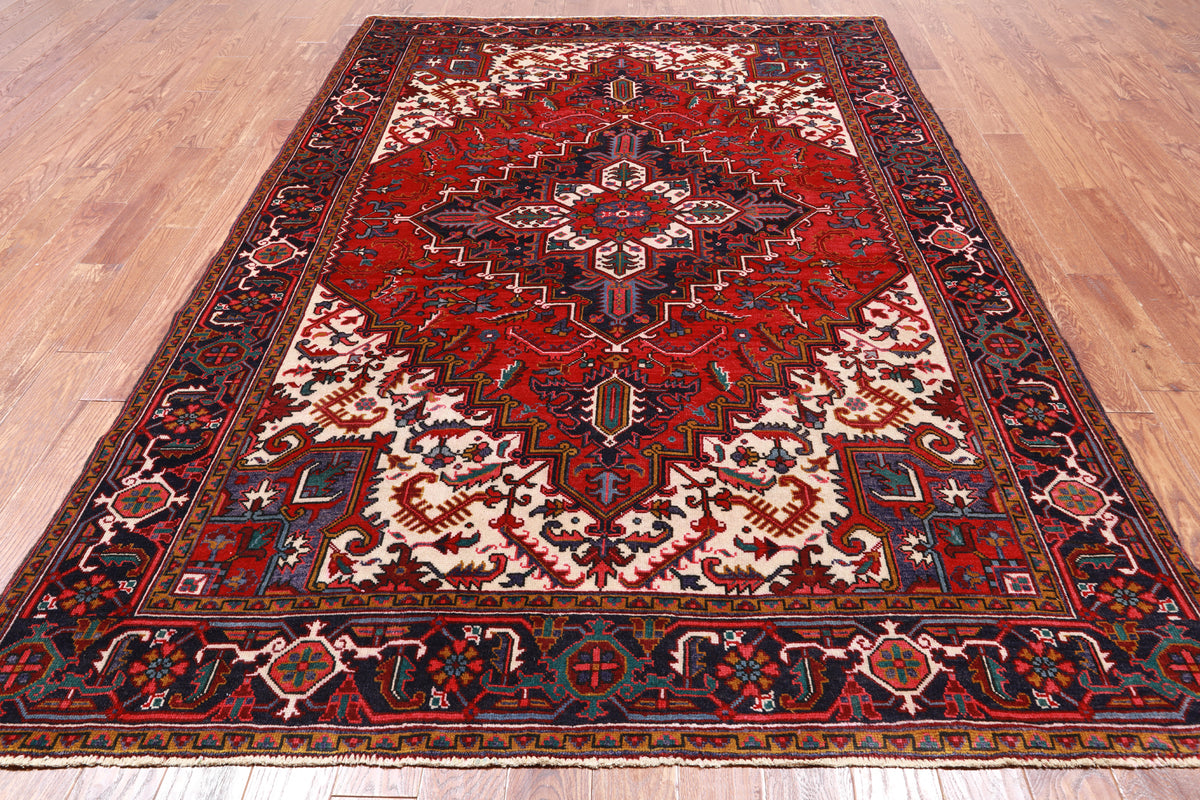 Red Vintage Persian Heriz Serapi Hand-Knotted Wool Rug - 6' 10" X 9' 7"