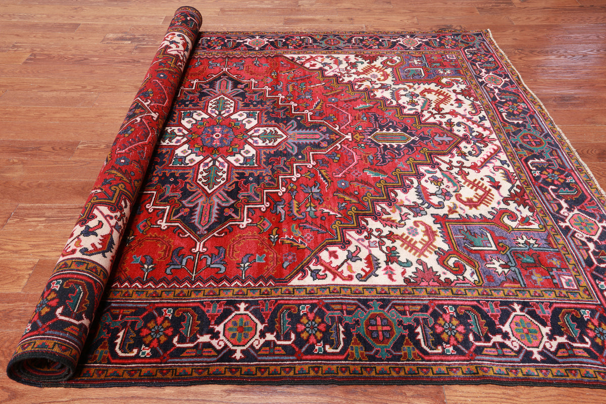 Red Vintage Persian Heriz Serapi Hand-Knotted Wool Rug - 6' 10" X 9' 7"