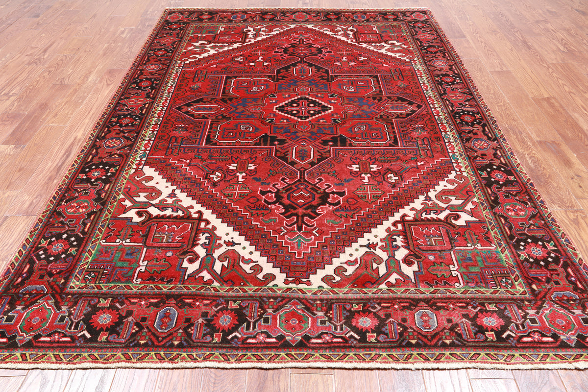 Red Vintage Persian Heriz Serapi Hand-Knotted Wool Rug - 6' 7" X 9' 7"