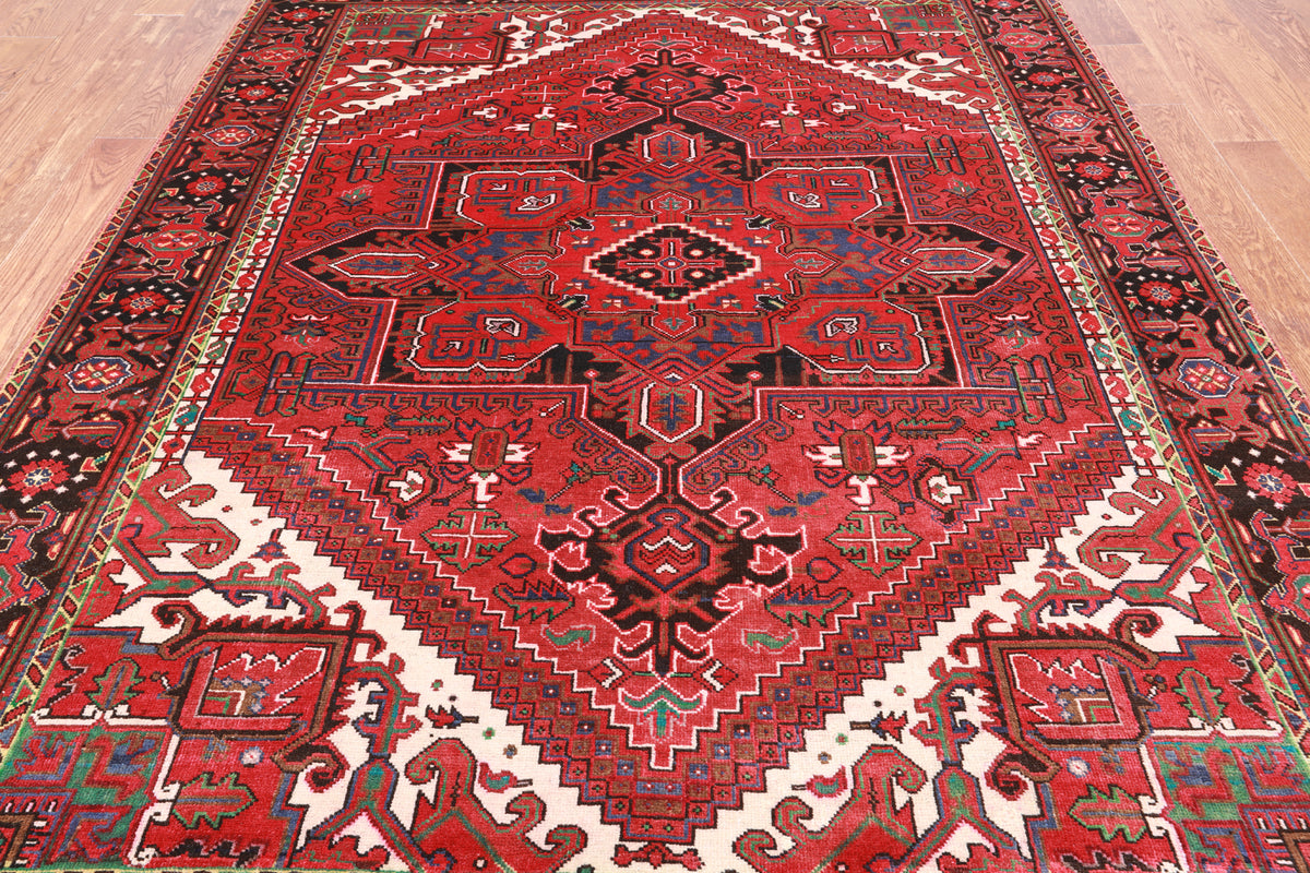 Red Vintage Persian Heriz Serapi Hand-Knotted Wool Rug - 6' 7" X 9' 7"
