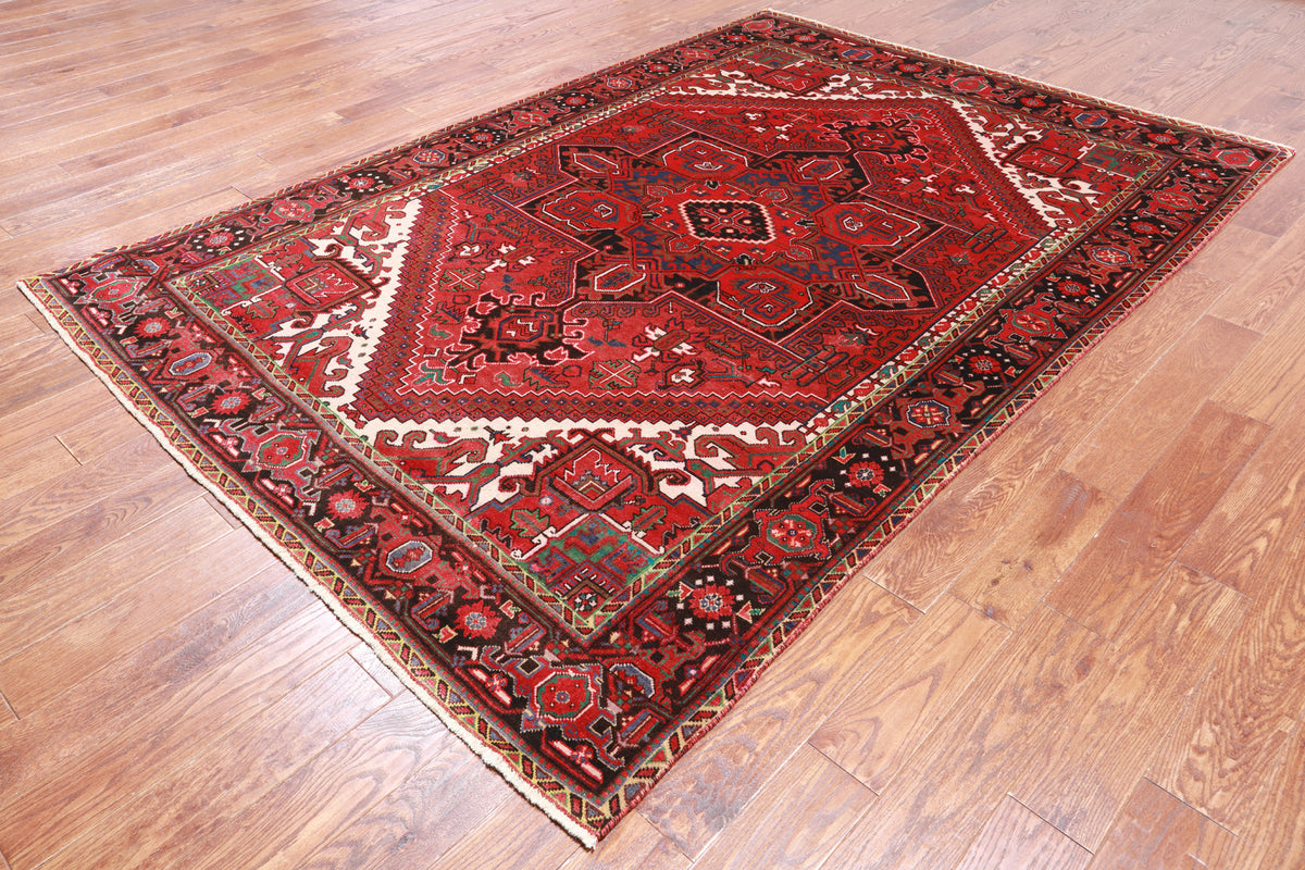 Red Vintage Persian Heriz Serapi Hand-Knotted Wool Rug - 6' 7" X 9' 7"