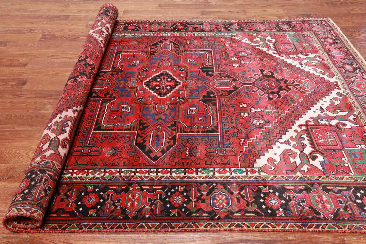 Red Vintage Persian Heriz Serapi Hand-Knotted Wool Rug - 6' 7" X 9' 7"