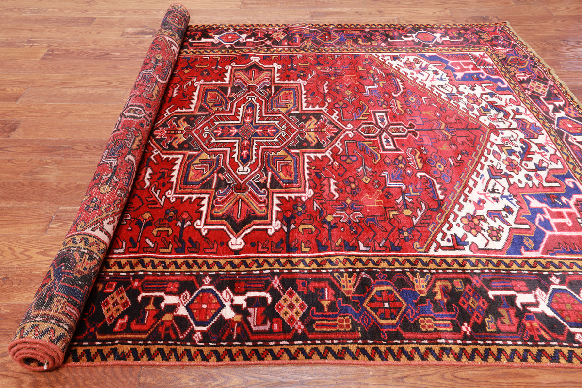 Red Vintage Persian Heriz Serapi Handmade Wool Rug - 6' 7" X 9' 7"