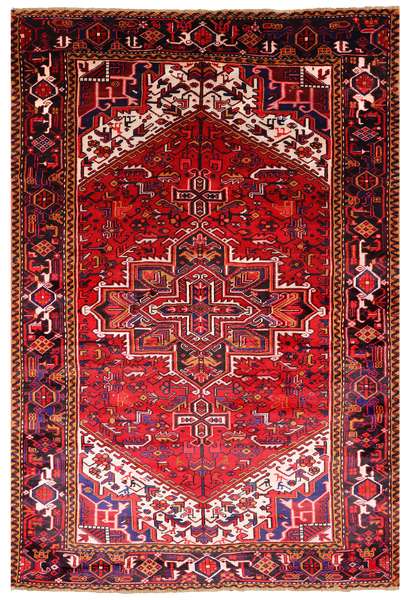 Red Vintage Persian Heriz Serapi Handmade Wool Rug - 6' 7" X 9' 7"