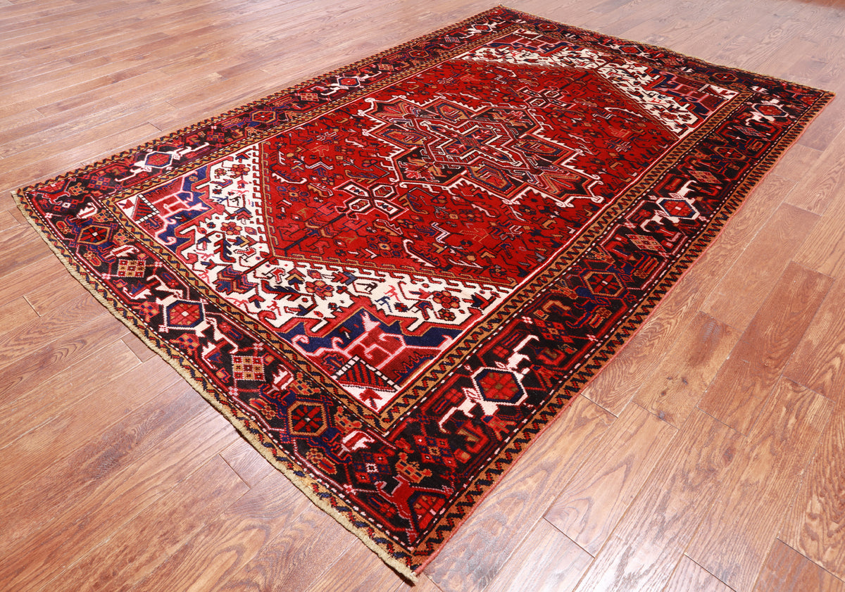Red Vintage Persian Heriz Serapi Handmade Wool Rug - 6' 7" X 9' 7"