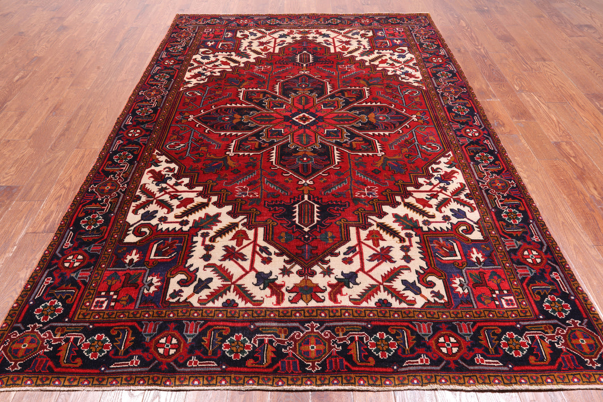 Red Vintage Persian Heriz Serapi Handmade Wool Rug - 6' 7" X 9' 3"
