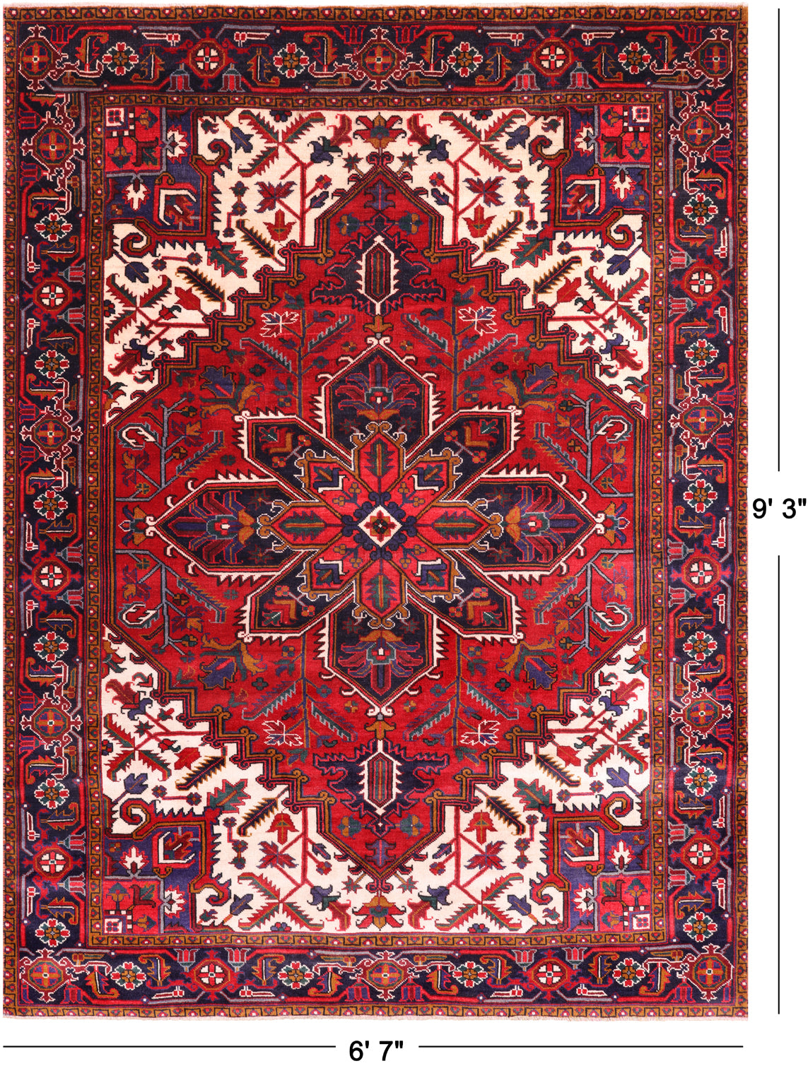Red Vintage Persian Heriz Serapi Handmade Wool Rug - 6' 7" X 9' 3"