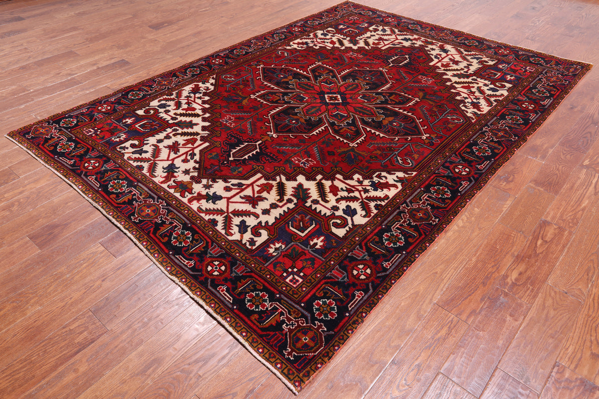 Red Vintage Persian Heriz Serapi Handmade Wool Rug - 6' 7" X 9' 3"