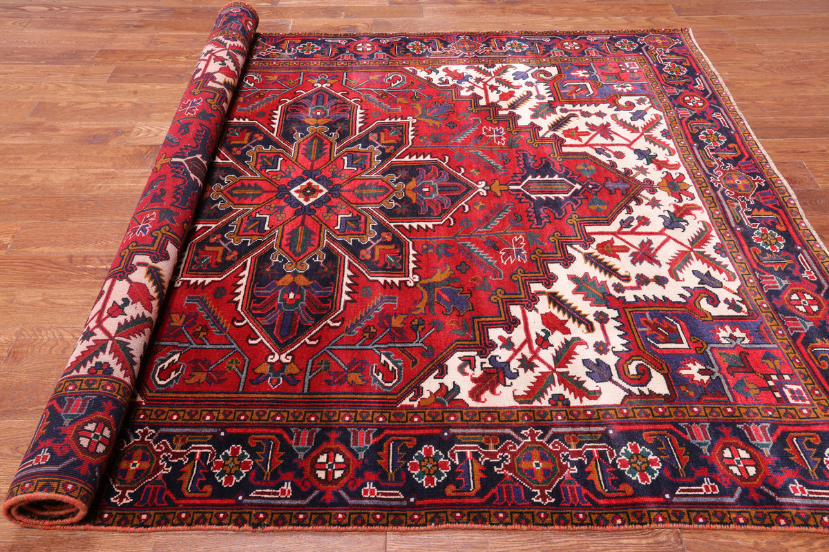 Red Vintage Persian Heriz Serapi Handmade Wool Rug - 6' 7" X 9' 3"