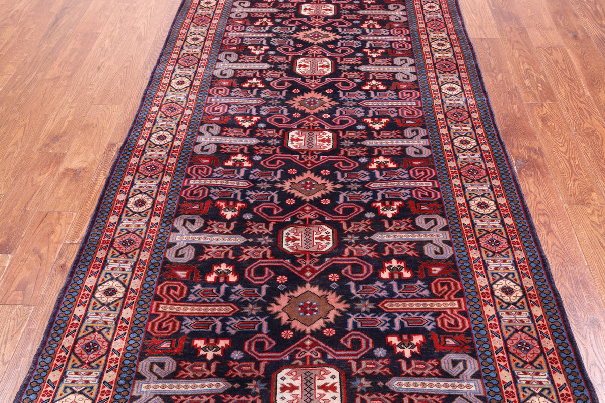 Navy Blue Vintage Persian Handmade Wool Runner Rug - 4' 5" X 9' 2"