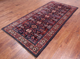 Navy Blue Vintage Persian Handmade Wool Runner Rug - 4' 5" X 9' 2"
