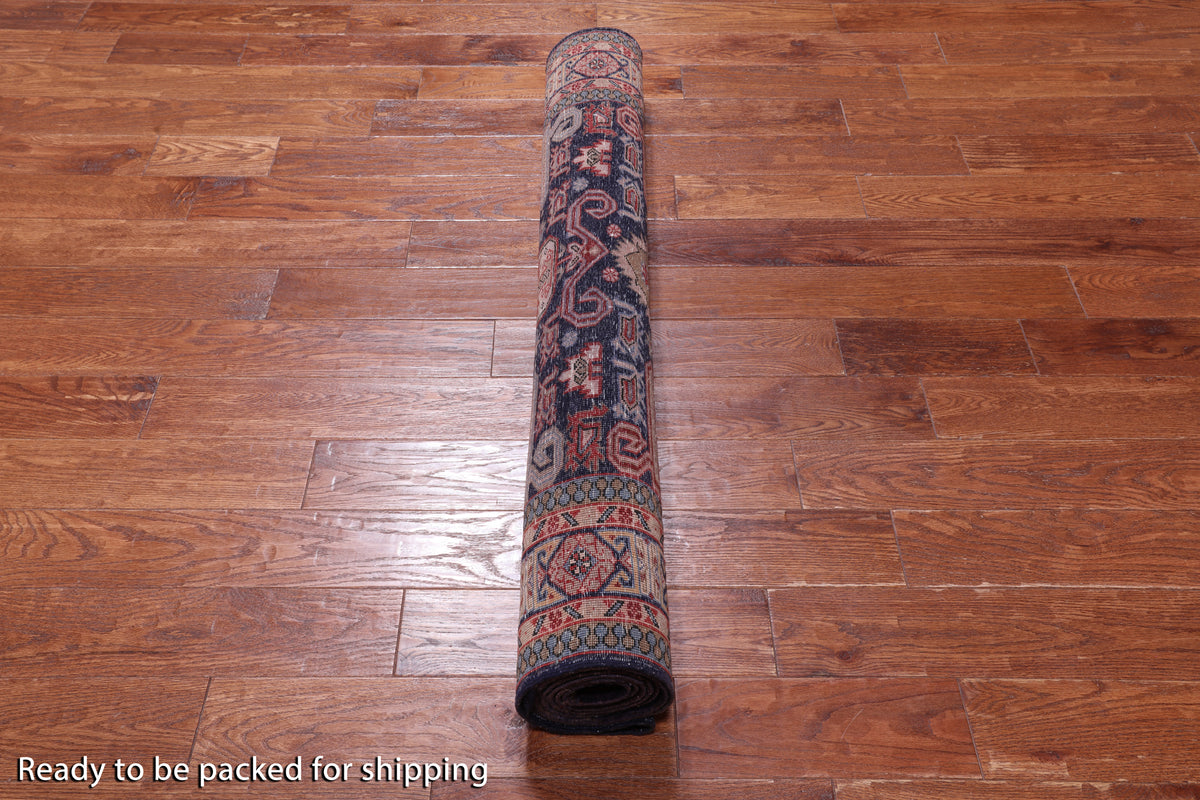 Navy Blue Vintage Persian Handmade Wool Runner Rug - 4' 5" X 9' 2"