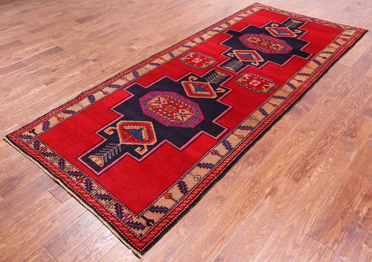 Red Vintage Persian Hand Knotted Wool Runner Rug - 4' 2" X 9' 10"