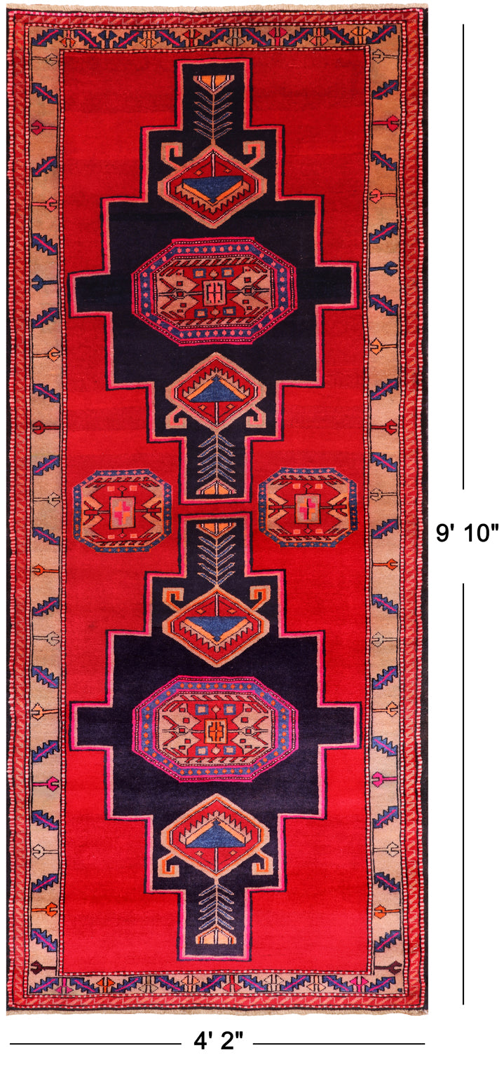 Red Vintage Persian Hand Knotted Wool Runner Rug - 4' 2" X 9' 10"