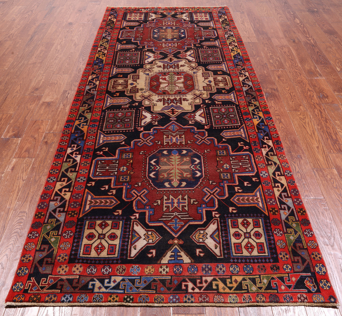 Black Vintage Persian Handmade Wool Runner Rug - 4' 3" X 10' 1"