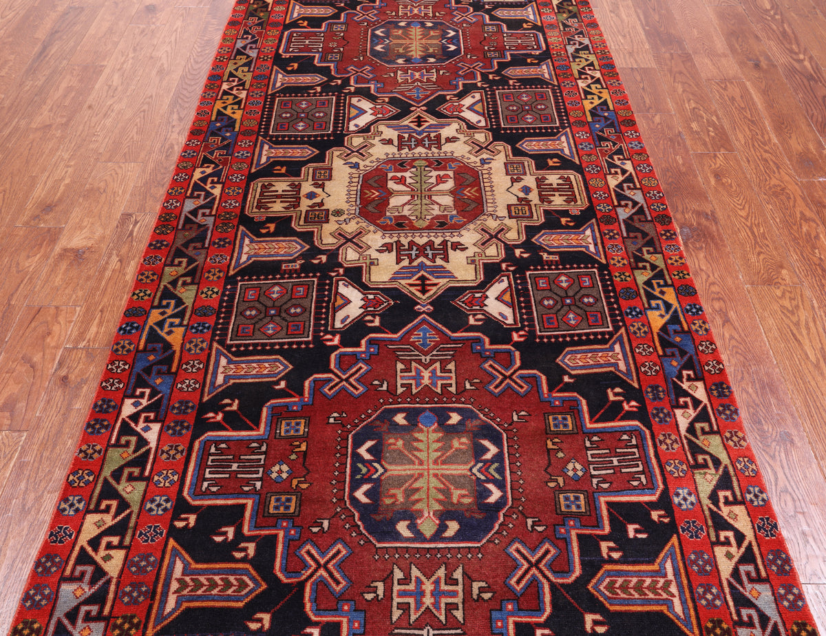 Black Vintage Persian Handmade Wool Runner Rug - 4' 3" X 10' 1"