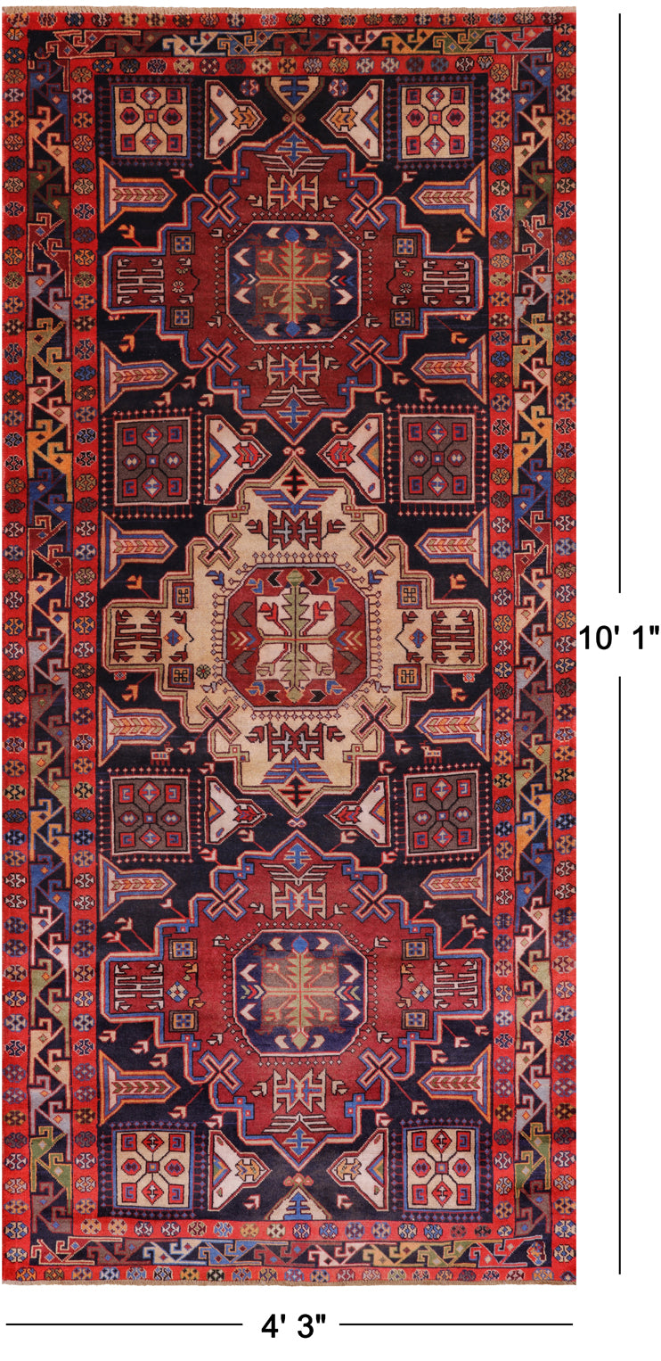 Black Vintage Persian Handmade Wool Runner Rug - 4' 3" X 10' 1"