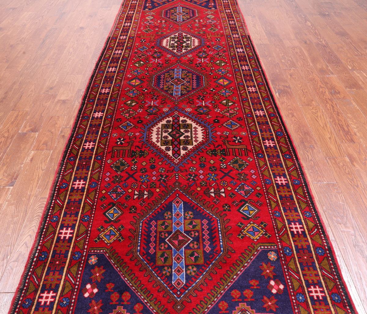 Red Vintage Persian Handmade Wool Runner Rug - 4' 4" X 14' 7"
