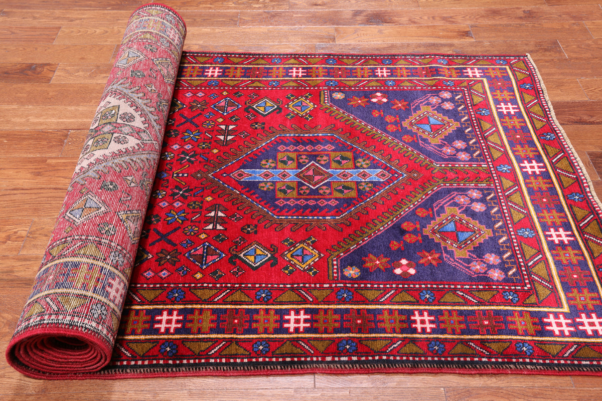Red Vintage Persian Handmade Wool Runner Rug - 4' 4" X 14' 7"