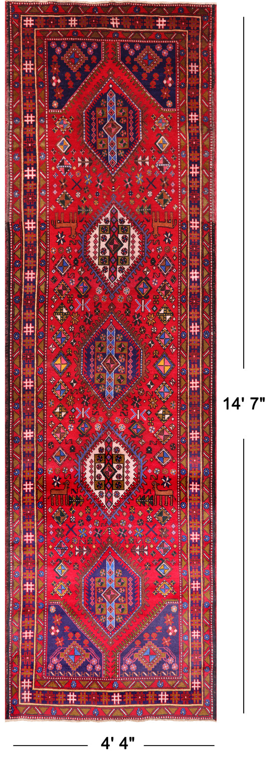 Red Vintage Persian Handmade Wool Runner Rug - 4' 4" X 14' 7"