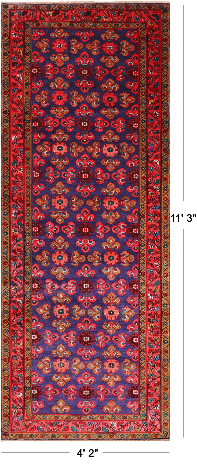 Blue Vintage Persian Hamadan Hand Knotted Wool Runner Rug - 4' 2" X 11' 3"